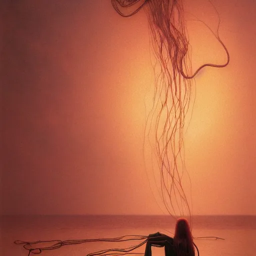 Image similar to liminal!!, portrait, shore of the lake, woman, wrapped around by tubes and cables, short black curly hair, glowing red, by edgar maxence and ross tran, zdzisław beksinski, and michael whelan, distant, gustav dore, h. r. giger, 8 k, octane render