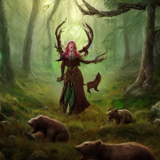 Prompt: elven druid summoning bears in the forest, d & d inspired, trending on artstation, ultra fine detailed, hyper detailed, hd, concept art, digital painting