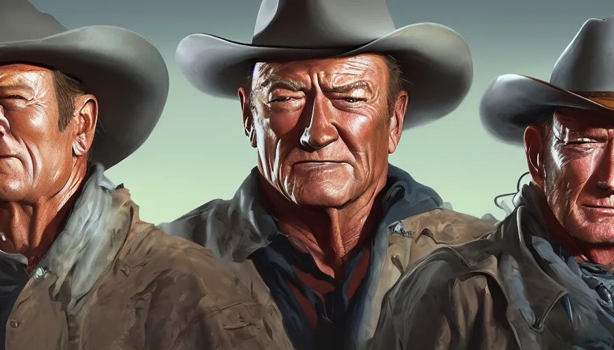 Prompt: Digital painting of John Wayne and Clint Eastwood, hyperdetailed, artstation, cgsociety, 8k