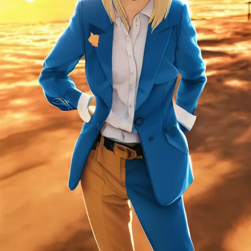 Prompt: blonde - haired princess, anime princess, wearing blue suit, golden hour, partly cloudy sky, sepia sun, strong lighting, strong shadows, vivid hues, ultra - realistic, sharp details, subsurface scattering, intricate details, hd anime, 2 0 1 9 anime