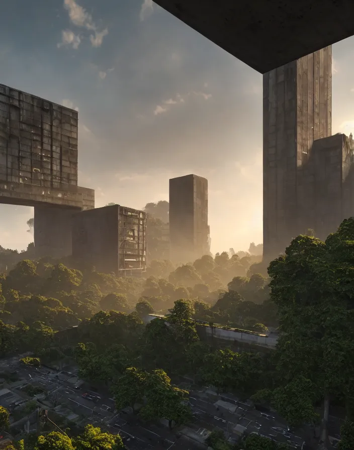 Image similar to brutalist architecture, streetscapes surrounded by lush green forest, view from ground level, stunning volumetric lighting, sunset, rusted steel, smooth solid concrete, stunning skies, trending on Artstation, 8k, photorealistic, hyper detailed, unreal engine 5, IMAX quality, cinematic, epic lighting, in the style of the game DOOM, by Greg Rutkowski