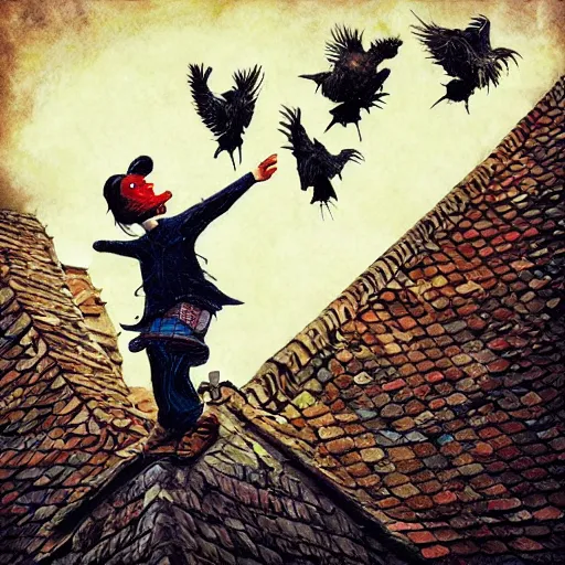 Image similar to a clown on the roof of the church playing with crows, by android jones and m. c. escher collaboration, futurist, digital art, dramatic lighting, symbolic