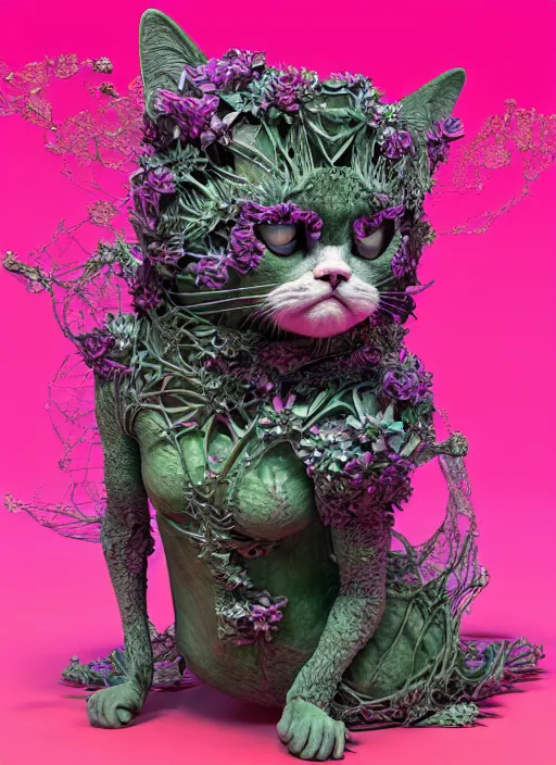 Image similar to hyper detailed 3d render like a sculpture - profile subsurface scattering (a beautiful fae princess grumpy cat protective playful expressive from that looks like a borg queen grumpy cat wearing a sundress made of flowers) seen red carpet photoshoot in UVIVF posing in caustic light pattern pool of water to Eat bite of the Strangling network of yellowcake aerochrome and milky Fruit and His delicate Hands hold of gossamer polyp blossoms bring iridescent fungal flowers whose spores black the foolish stars by Jacek Yerka, Ilya Kuvshinov, Mariusz Lewandowski, Houdini algorithmic generative render, golen ratio, Abstract brush strokes, Masterpiece, Victor Nizovtsev and James Gilleard, Zdzislaw Beksinski, Tom Whalen, Mark Ryden, Wolfgang Lettl, hints of Yayoi Kasuma and Dr. Seuss, Grant Wood, octane render, 8k, maxwell render, siggraph