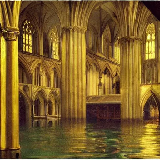 Image similar to a flooded gothic cathedral made of ivory and gold filigree, film still by edward hopper, by Bosch, by klimt, art noveau, highly detailed, strong lights, liminal, eerie, Bright pastel colors