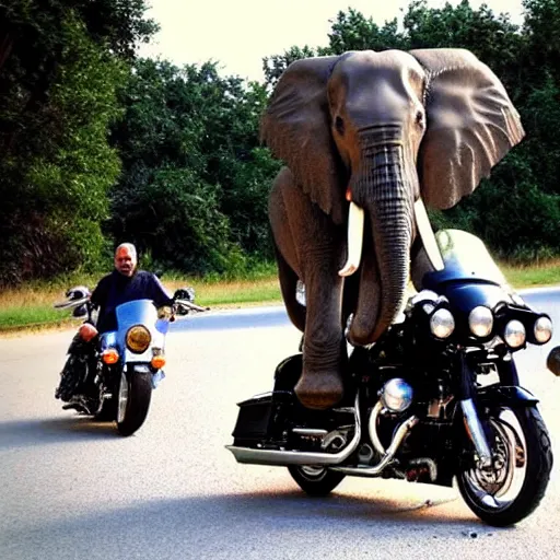 Image similar to elephant on a Harley Davidson on the road, funny picture