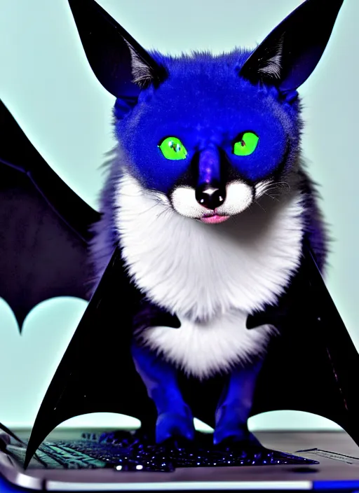 Image similar to a blue - and - black male catbat fursona with blue / green heterochromatic eyes ( differently - colored eyes, one eye green, one eye blue ) and huge bat ears, photo of the catbat streaming on his computer