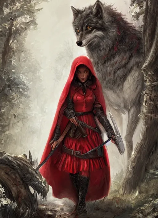 Image similar to digital _ painting _ of _ little red riding hood wolf slayer _ by _ filipe _ pagliuso _ and _ justin _ gerard _ symmetric _ fantasy _ highly _ detailed _ realistic _ intricate _ port