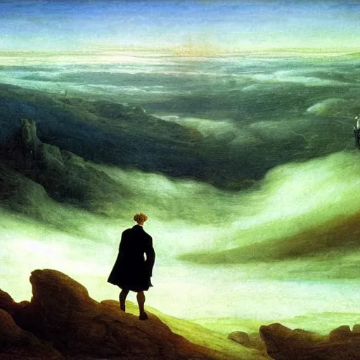 Image similar to wanderer above the sea of fog, but over the pits of hell syle of caspar david friedrich