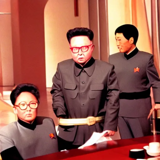 Prompt: A still of Kim Jong Il in Star Trek, colour photo