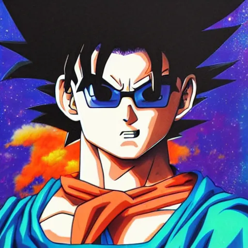 Image similar to portrait of goku from dragon ball wearing shades with michael jackson incredibly detailed, color, smooth, concept art, illustration,