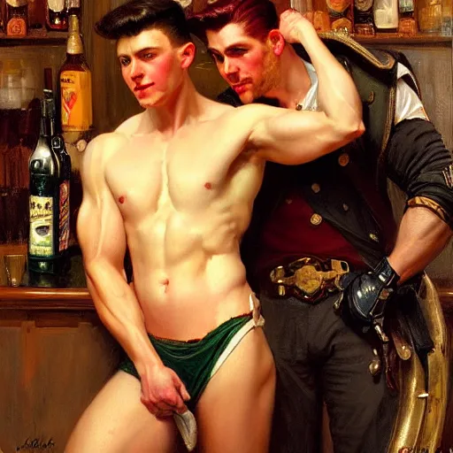 Image similar to drinking their hearts out, in a pub. pants, attractive muscular male with red hair and attractive muscular male with black hair. very defined and highly detailed painting by j. c. leyendecker, gaston bussiere, craig mullins 8 k