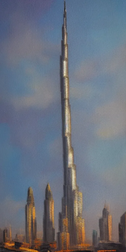 Prompt: The Burj Khalifa, Dubai, oil painting in the style of Bob Ross, high detail