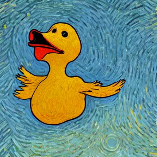 Prompt: a flying duck eating a smiling human being, van gogh style