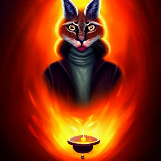 Image similar to ( a cute caracal with a hood that covers half his face carries an incense burner that emits a pleasantly colored flame. ) by anato finnstark, dream, full body portrait, dynamic lighting, beautiful, trending on artstation, wallpaper, 4 k, award winning, digital art, very detailed faces