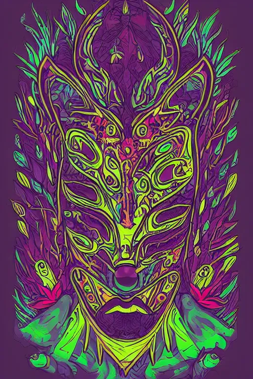 Image similar to animal mask totem roots flower tribal feather gemstone plant wood rock shaman vodoo video game vector cutout illustration vivid multicolor borderlands comics by josan gonzales and dan mumford radiating a glowing aura