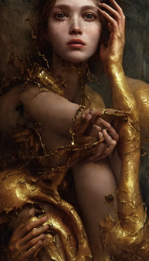 Image similar to epic masterpiece torment, drama, sweaty skin, hyperrealistic, octane render, cinematic, beautiful face and flawless skin, perfect hands, 5 fingers, gold by Edgar Maxence, Legends of Runeterra