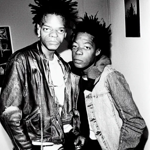 Prompt: of a photo of jean - michel basquiat and kurt cobain in basquiat ’ s studio, photorealistic,