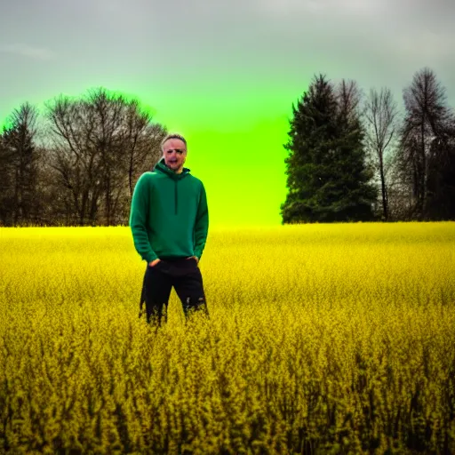 Image similar to a man standing in a yellow field wearing a neon green hoodie