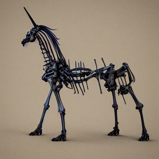 Image similar to Unicorn fossil Skeleton Standing, 4K, award winning