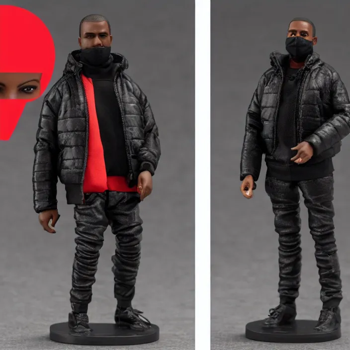 Prompt: a action figure figure of kanye west using a full face covering black mask, a small, tight, undersized reflective bright red round puffer jacket made of nylon, dark jeans pants and big black balenciaga rubber boots, figurine, detailed product photo