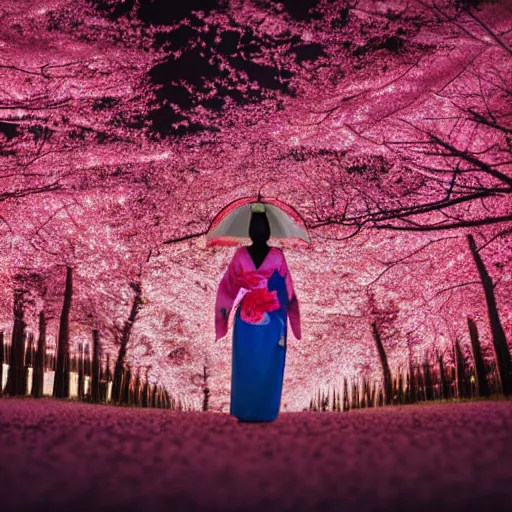 Prompt: beautiful full body portrait geisha walking on a trail through a forest of glowing cherry blossom trees with stream , beautiful face smiling, with cherry blossom in hand, ultra detail photo realistic cinematic neon lighting 4k shoot on Polaroid in 1977