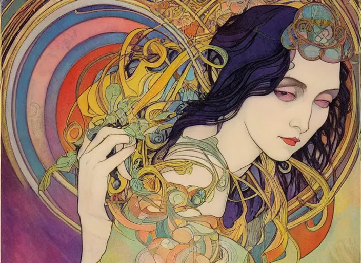 Image similar to The Goddess of Life and Creation, beautiful eyes, symmetrical face, paint, ink, palettes, spectrum, in the style of Joshua Middleton, Mucha, Kandinsky