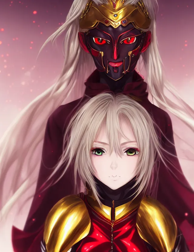 Image similar to an anime portrait of a blonde vampire girl with glowing red eyes in gold plated armour, trending on artstation, digital art, 4 k resolution, detailed, high quality, sharp focus, hq artwork, coherent, insane detail