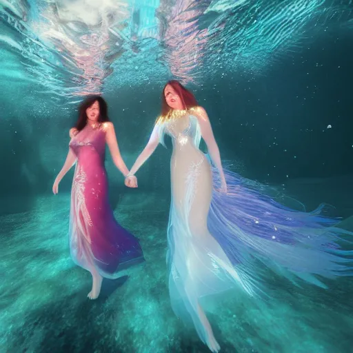 Prompt: two women under water holding hands, photo realistic, intricate details, flowing dresses and hair, volumetric lighting