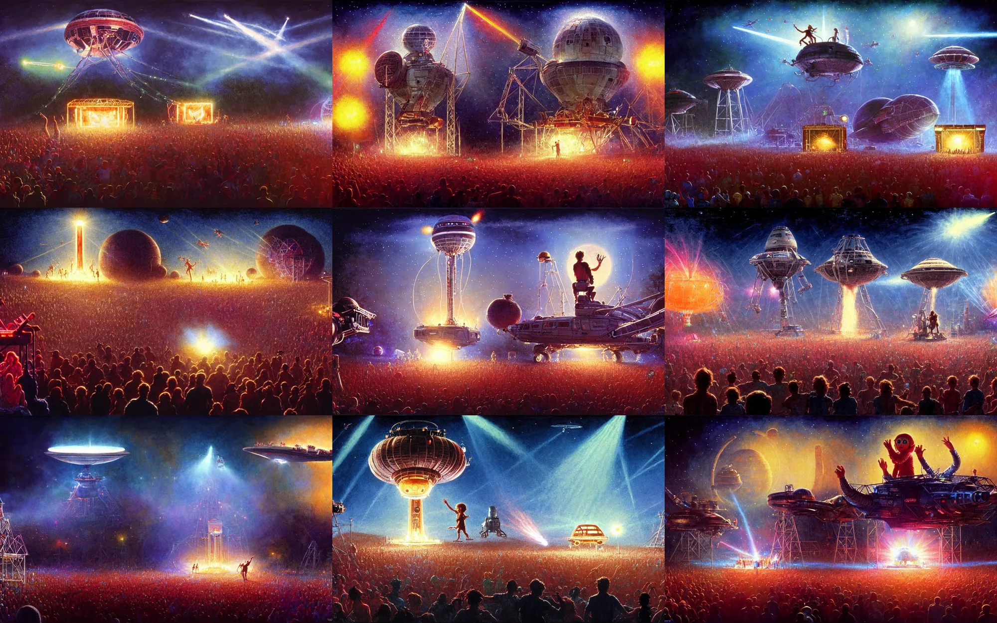 Prompt: steven spielbergs e. t. and the giant spaceship from close encounters of the third kind are playing live music to a very large audience at a festival, painting by greg rutkowski and thomas kinkade and norman rockwell, low light, volumetric light, very large audience and crowdsurfing and laser show in the background, very symmetrical