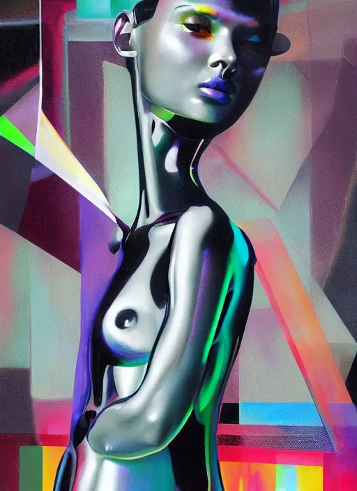 Image similar to futuristic lasers tracing, colorsmoke, fullbodysuit, pyramid hoodvisor, raindrops, wet, oiled, beautiful cyborg girl, by steven meisel, kaws, rolf armstrong, mondrian, kandinsky, perfect geometry abstract acrylic, octane hyperrealism photorealistic airbrush collage painting, monochrome, fluorescent colors, minimalist rule of thirds, eighties eros