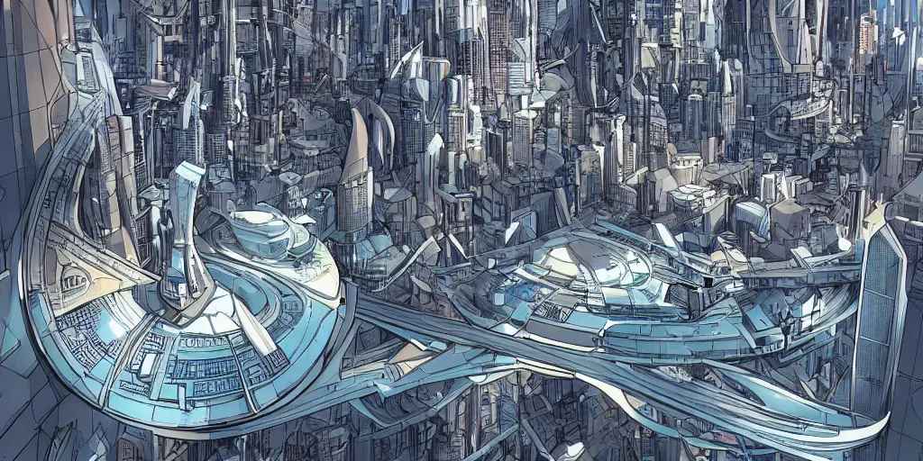 Prompt: futuristic city in style of mobius, comic art, highly detailed