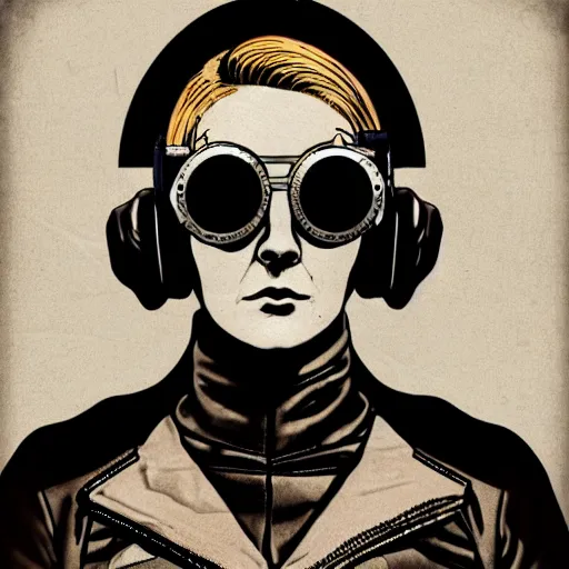 Image similar to retrofuture tattooed stoic heroic emotionless dirty butch blonde woman mechanic with very short slicked - back hair, full body, uncomfortable awkward and anxious, wearing dark - lensed victorian goggles, wearing flight suit, moebius, rough paper, smooth median photoshop filter cutout vector, moebius, ron cobb, sci fi, behance hd