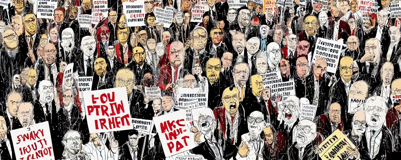 Prompt: an illustration of a crowd of angry political protestors with signs, by gerald scarf and ralph steadman, illustration, front angle, ink splatters, pen and ink, flat color, drawing, facing front, anatomically correct, beautiful perfect face, sharp focus, highly detailed, cinematic lighting, 8 k, hd