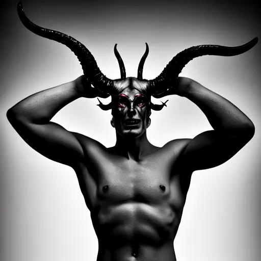 Prompt: photorealistic, iso - 4 0 0, canon eos 5 d mark iv, shot on 7 0 mm, portrait of male archangel bellringer form lexx by lee jeffries and platon silveed skin, flame halo ring over head, demonic, horns, fangs, nd 4, perfect studio lighting