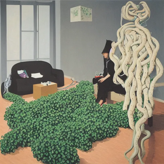 Image similar to a female pathology student in her apartment, wrapped in vines, medical equipment, stepping stones, octopus, pig, black walls, ikebana, black armchair, sculpture, acrylic on canvas, surrealist, by magritte and monet