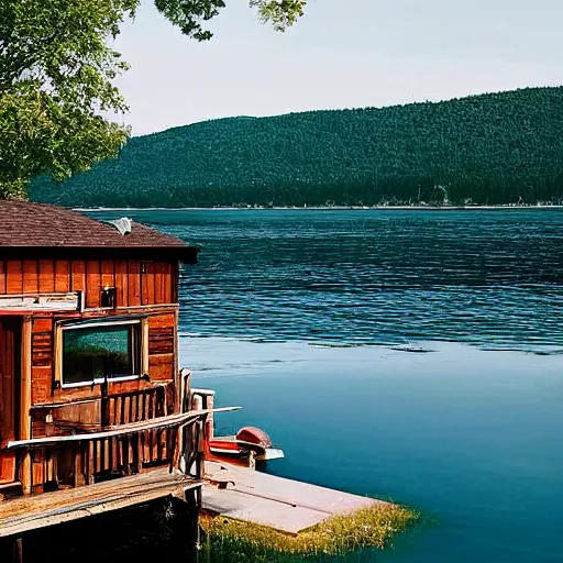 Image similar to lake cabin in croatia, hyper realistic, photograph, f 8. 0, 3 2 mm, kodak