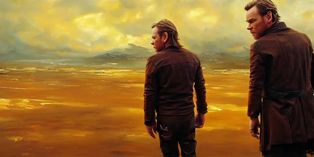 Image similar to we see ewan mcgregor from side. atmospheric feeling, warm colours, brown colours, yellow colours, epic scene, cinematic, very detailed, oil painting