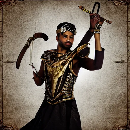 Prompt: pharaoh holding a spear in an epic pose, steampunk style, epic background, award winning