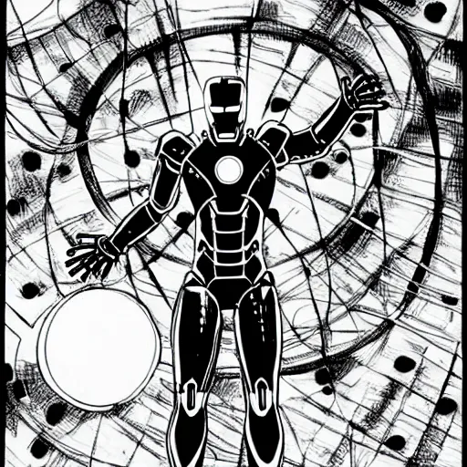 Prompt: black and white sad iron man with wires eat banana on hands on the destroed moon, wires earth background, by tsutomu nihei