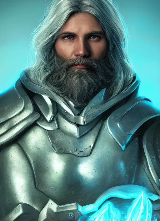 Image similar to an epic fantastic realism comic book style portrait painting of an aasimar paladin, male, silver hair, short brown beard, d & d concept art, unreal 5, daz, teal aesthetic, octane render, cosplay, rpg portrait, dynamic lighting