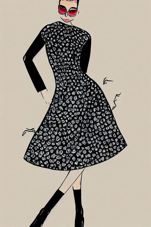 Prompt: a detailed high fashion illustration of a atomic style mid century outfit