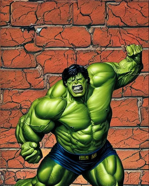 Image similar to a dynamic painting of the incredible hulk looking angry and breaking through a brick wall by joe jusko.