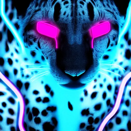 Prompt: a black cybernetic cheetah with neon blue and neon pink spots sitting down, octane render, trending on artstation, digital art, 4k, high detail, cinematic, cinematic lighting, high detail, realistic, fantasy,