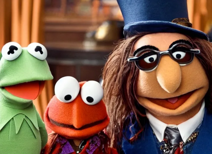 Prompt: film still of johnny depp in the muppets movie