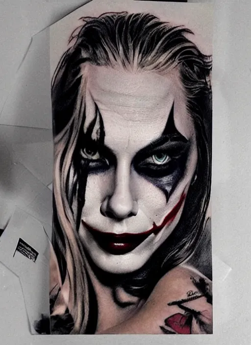 Image similar to beautiful margot robbie with joker makeup tattoo design, holding an ace card, black and white, realism tattoo, hyper realistic, highly detailed