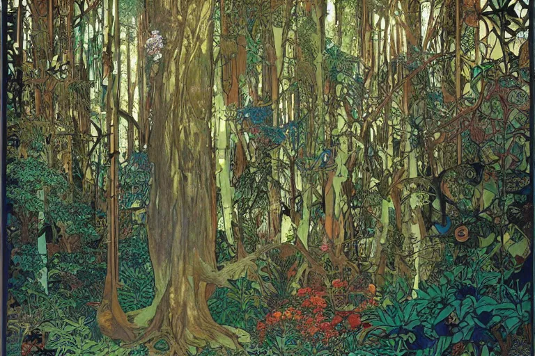 Prompt: a gigantic computer between the trees of an ancient lush forest by tomas cole and mucha, intricate, large patches of plain colours, hyper detailed