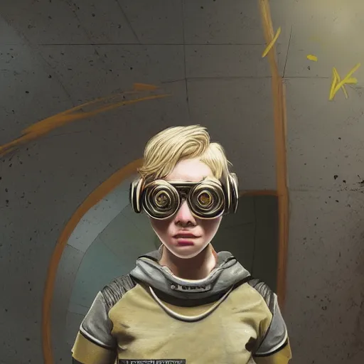 Prompt: rough and moody, colorful, highly detailed painting, isolated awkward brilliant female blond teenage tomboy girl with short hair, at futuristic brutalist space high school, wearing brass victorian goggles, octane render, artstation, michael whelan, ron cobb, digital illustration