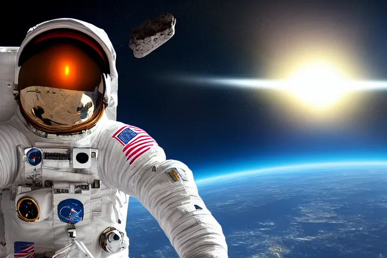 Image similar to astronaut in space wearing a spacesuit floating, meteor hitting earth in background, highly detailed, photorealistic portrait, bright studio setting, studio lighting, crisp quality and light reflections, unreal engine 5 quality render