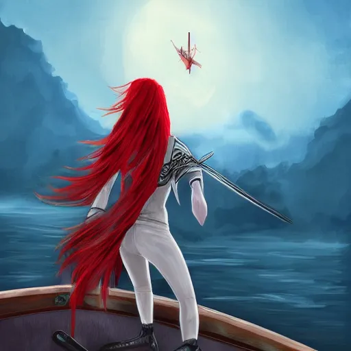 Prompt: Digital painting of a red haired rogue duel wielding scimitars on the helm of a boat with a spectral bird on her shoulder