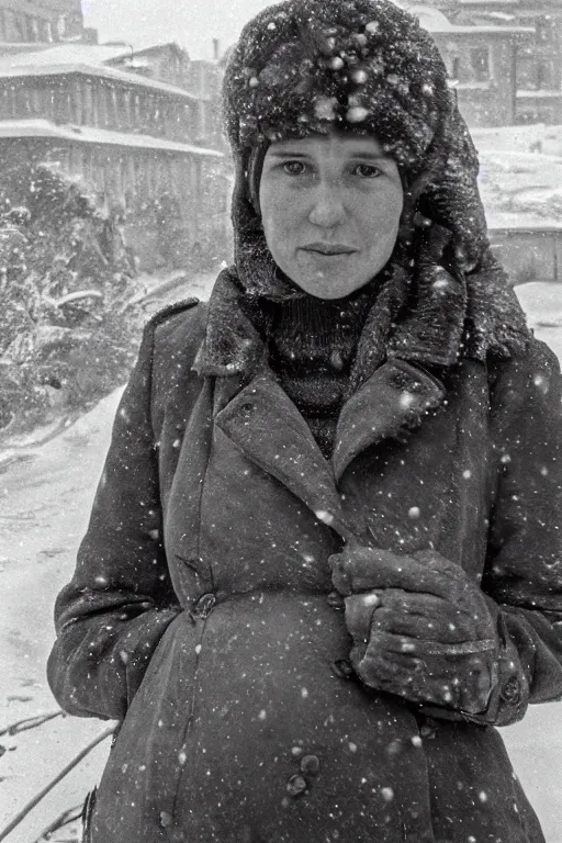 Image similar to full-length portrait of a pregnant woman on the street of besieged Leningrad, historically reliable photo chronicle, winter 1941, , ultra detailed, digital art, octane render, 4K, dystopian, micro details, by Greg Rutkowski and Raymond Swanland, Trending on Artstation